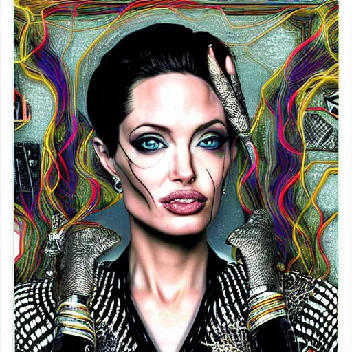 Image similar to the portrait of an absurdly elegant, sophisticated, fashionable ottomanpunk robotess idol, an ultrafine hyperdetailed illustration of angelina jolie and megan fox by kim jisu, intricate linework, neon wiring, electronics, porcelain skin, unreal engine 5 highly rendered, global illumination, radiant light, detailed and intricate environment, by rutkowski, artgerm, marvel comics