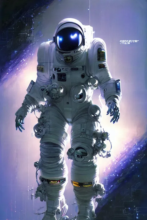 Prompt: a futuristic cybernatic astronaut, led lights, painting by greg ruthowski, alphonse murac, yoji shinkawa, john berkey, wlop, craig mullins, collaborative artwork, exquisitely high quality and detailed