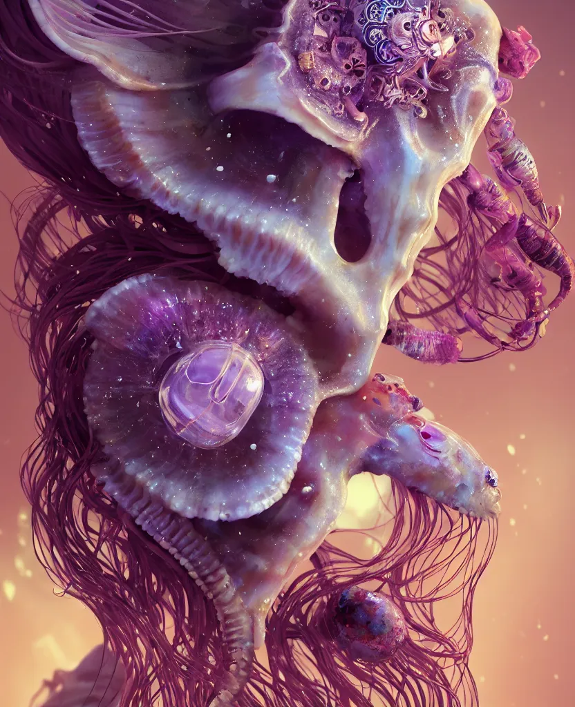 Image similar to goddess princess face close-up portrait ram skull. jellyfish phoenix head, nautilus, orchid, skull, betta fish, bioluminiscent creatures, intricate artwork by Tooth Wu and wlop and beeple. octane render, trending on artstation, greg rutkowski very coherent symmetrical artwork. cinematic, hyper realism, high detail, octane render, 8k