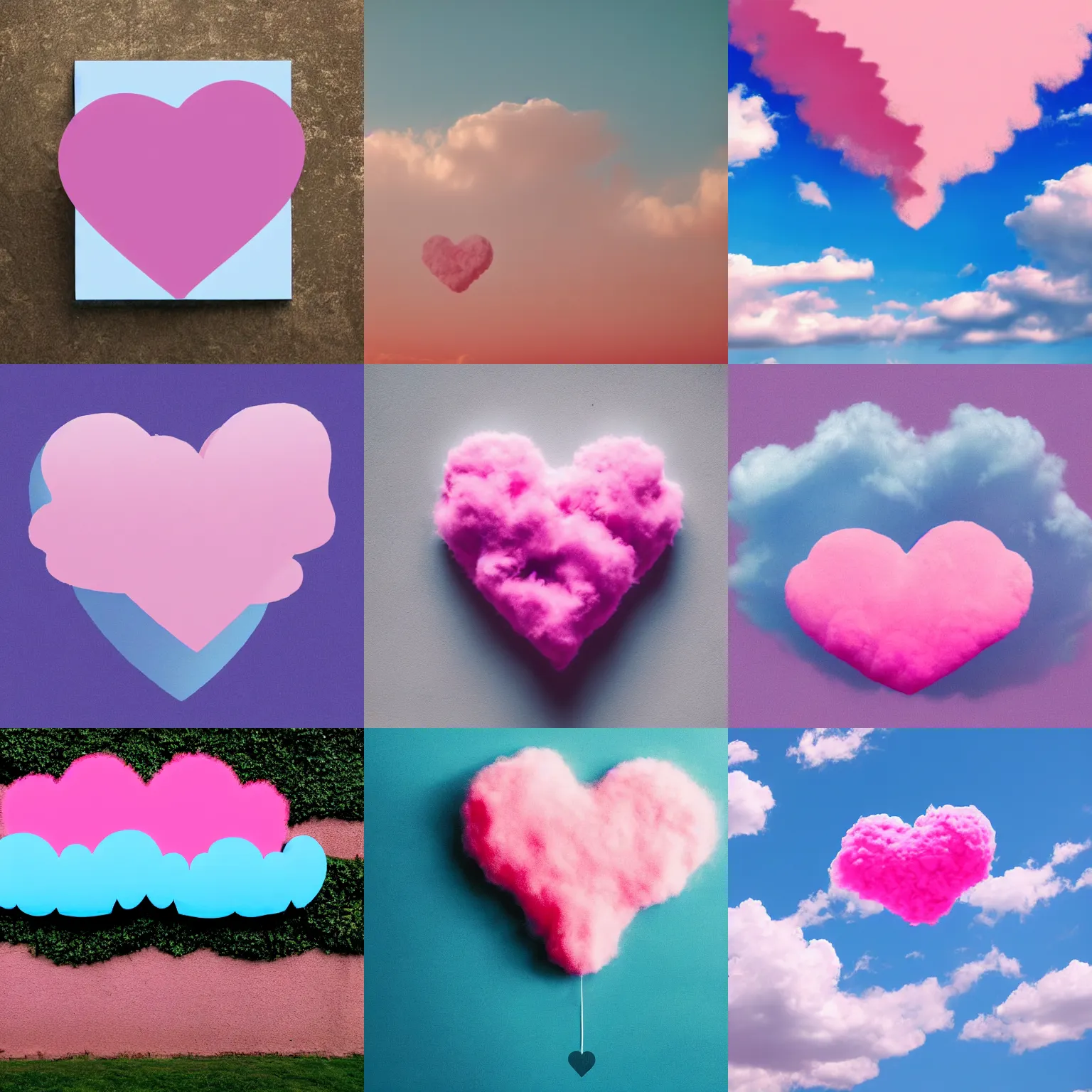 Prompt: a pink cloud in the shape of a heart with a light blue background