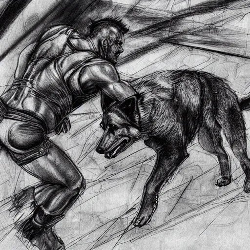 Image similar to a humanoid german shepherd beast - man wrestling with another german shepherd in the middle of an arena, pencil art, added detail, high definiton, colored, aerial viewyoji shinkawa