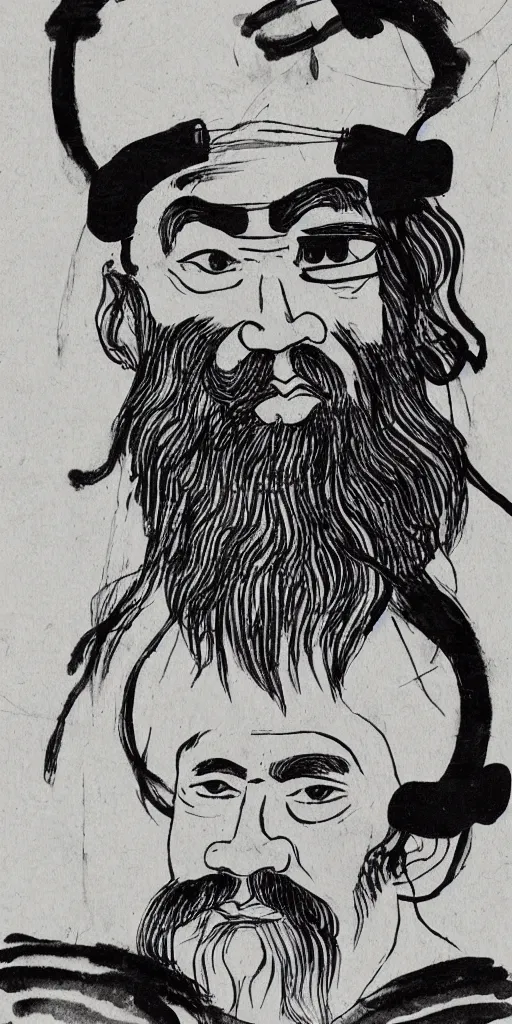 Image similar to confucius wearing vr headset, chinese ink painting