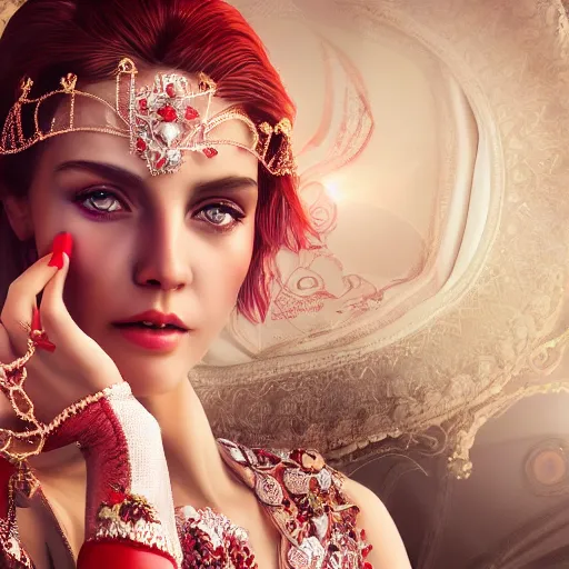 Image similar to photograph of wonderful princess with smooth fair skin, alluring eyes, red jewelry, breathtaking, elegant, ornate, intricate, hyper detailed, accent lighting, dramatic light, 4 k octane render