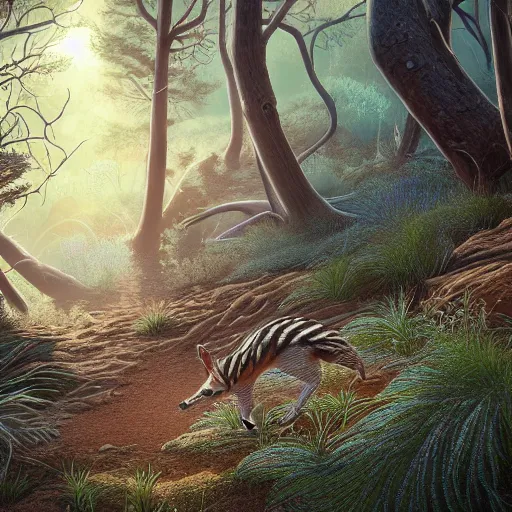 Image similar to Intricate detailed illustration, A numbat frolicking in the Dryandra woodland, cinematic lighting, by Philip Hood, wide angle, volumetric light scattering, 8k, artstation, concept art,