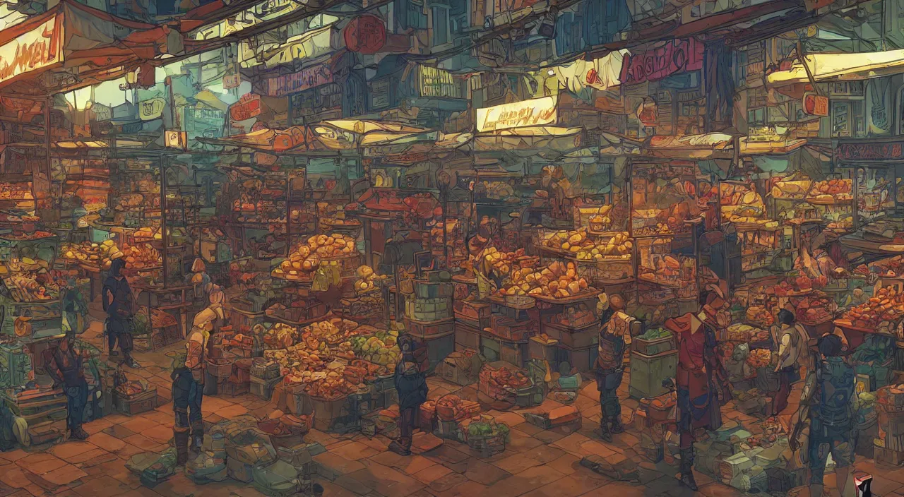 Image similar to a market in metro manila painting stylized digital illustration video game icon global illumination ray tracing that looks like it is from borderlands and by feng zhu and loish and laurie greasley, victo ngai, andreas rocha, john harris