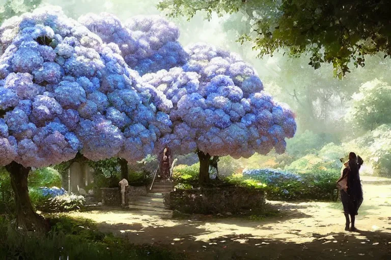 Image similar to a beautiful painting of the garden of hydrangea, shrine, two people, by greg rutkowski, trending on artstation