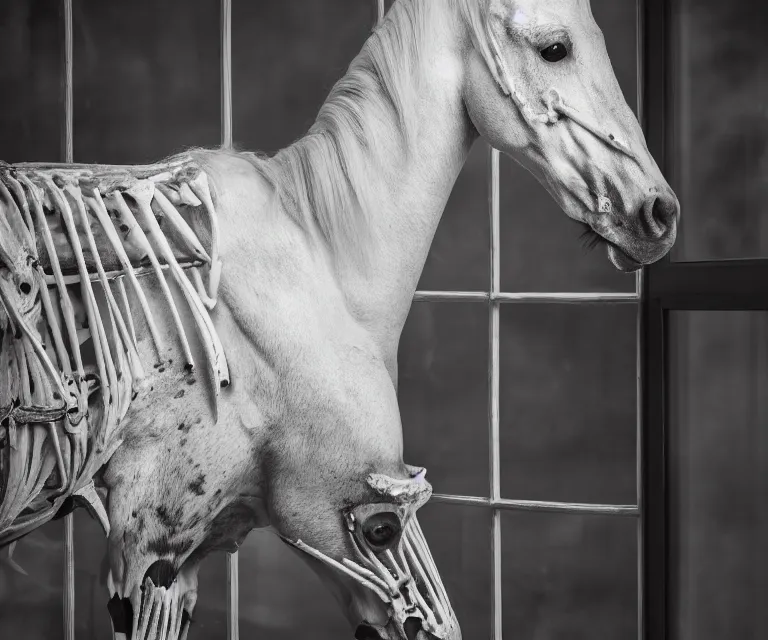 Prompt: award winning photography of the skeleton of a horse next to a window, detailed photography, beautiful lighting, 8 k, f / 2. 8, shutter speed of 2 seconds, 1 3 5 mm, extremely high quality, foggy