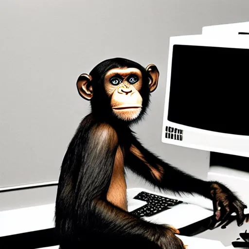 Image similar to chimp sitting at a desk with a crt monitor 📷