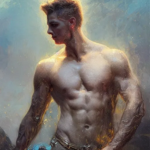 Image similar to handsome portrait of a young guy fitness posing, war hero, adventure, radiant light, caustics, reflective water, by gaston bussiere, bayard wu, greg rutkowski, giger, maxim verehin