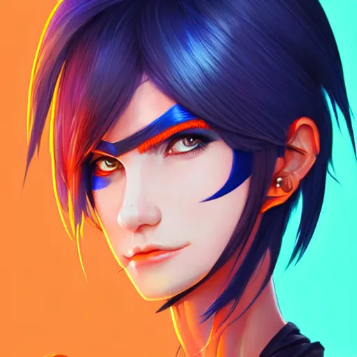 Image similar to illustrated realistic tilted head portrait human female prong-horned with blue bob hair and solid black-eyes wearing strap leather armor, orange glow, backlit by rossdraws