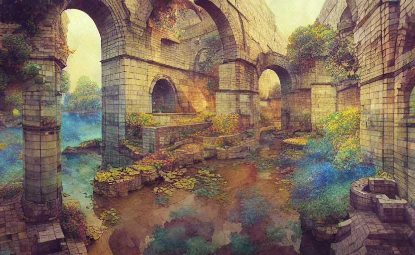 Image similar to tiled room squared waterway, aqueducts, fantasy. intricate, amazing composition, colorful watercolor, by ruan jia, by maxfield parrish, by marc simonetti, by hikari shimoda, by robert hubert, by zhang kechun, illustration, gloomy