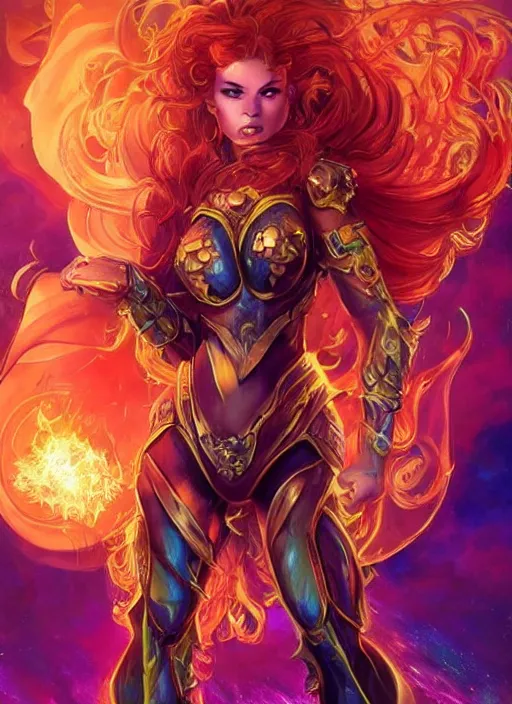 Image similar to front portrait hands behinds pose of attractive Starfire with ginger wavy hair, hands behind her pose!, Intricate overlay flames imagery , D&D!, fantasy style, sharp focus!, ultra detailed, art by Artgerm and Peter Andrew Jones, WLUP