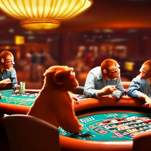 Image similar to a group of monkey's at a casino playing poker, Hyper Realism, realistic, cinematic lighting, ambient lights,