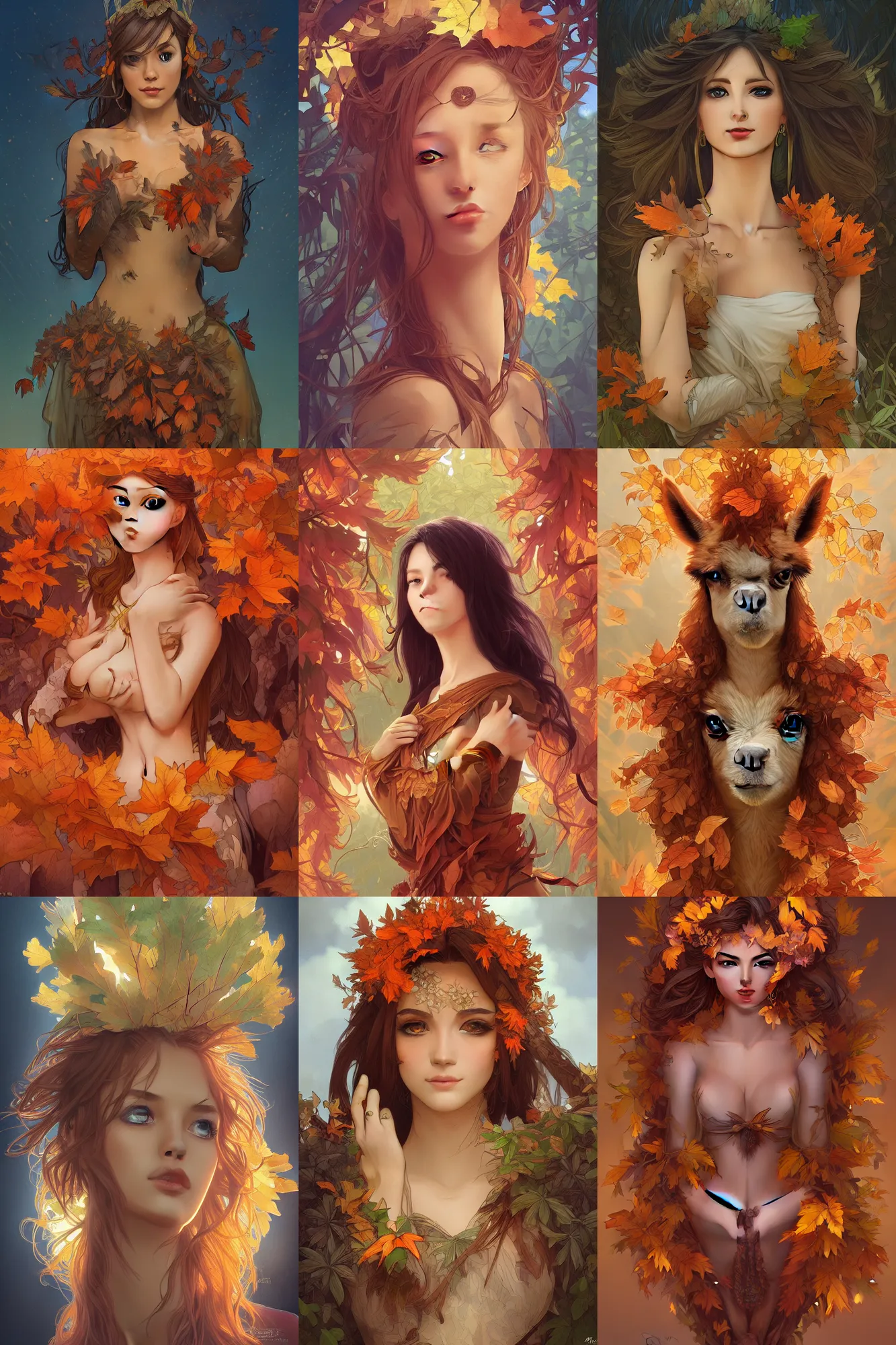 Prompt: beautiful digital painting of anthro llama, orange oak leaves, D&D, fantasy, intricate, anthro, beautiful eyes, cinematic lighting, highly detailed, digital painting, Artstation, concept art, smooth, sharp focus, illustration, art by Artgerm and Greg Rutkowski, Alphonse Mucha and Rossdraws