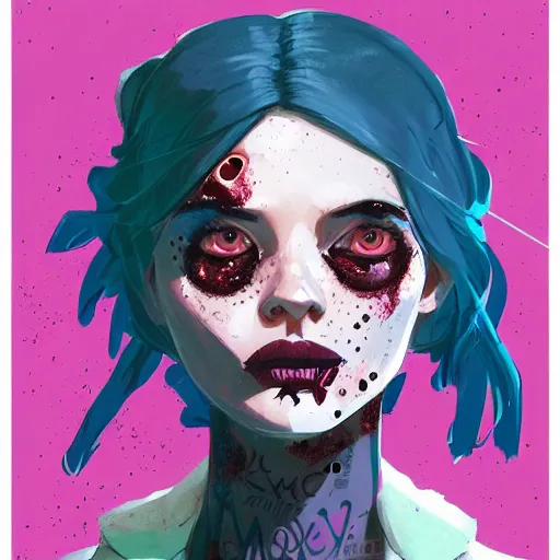 Image similar to Highly detailed portrait of pretty punk zombie young lady with freckles by Atey Ghailan, by Loish, by Bryan Lee O'Malley, by Cliff Chiang, inspired by image comics, inspired by graphic novel cover art, inspired by papergirls !! Gradient color scheme ((grafitti tag brick wall background)), trending on artstation