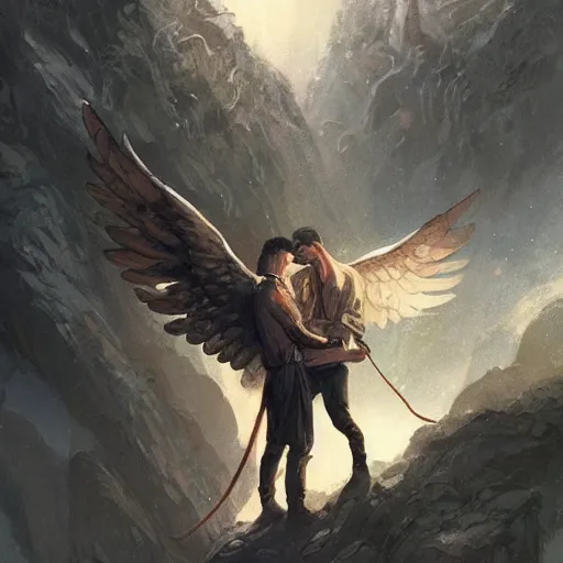 Image similar to angel protecting man falling from a cliff, detailed intricate ink illustration, happy atmosphere, detailed illustration, hd, 4k, digital art, overdetailed art, by greg rutkowski, by loish, complementing colors, Trending on artstation, movie poster style