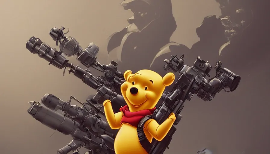 Prompt: Winnie the Pooh with a bazooka, hyperdetailed, artstation, cgsociety, 8k