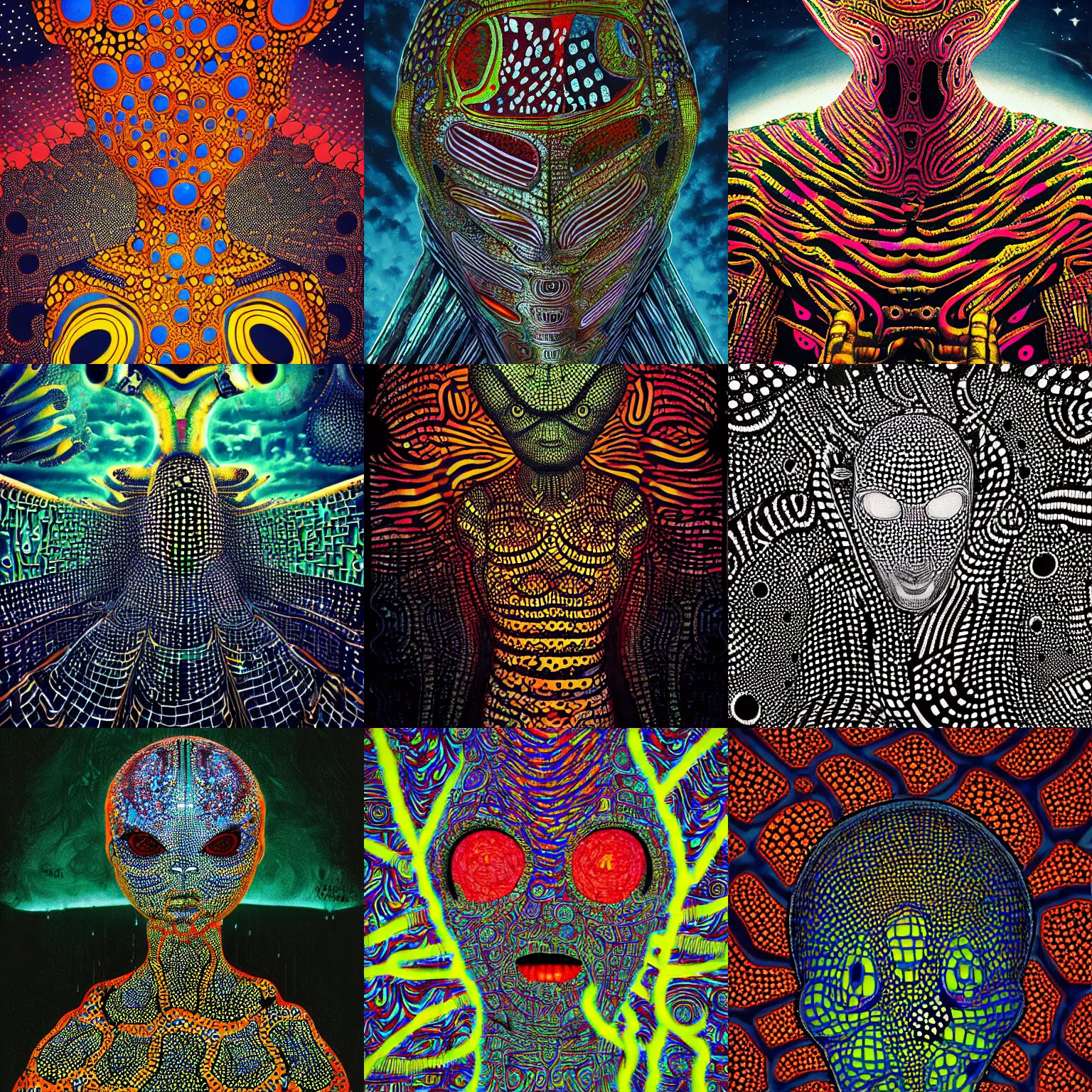 Prompt: alien god, style of Yayoi Kusama, style of Jim Burns, grid-displace style, eldazi style, patchwork-streak background, dreamlike, dreamlike . Highly detailed, photographic, cinematic, dramatic, sublime, establishing shot.