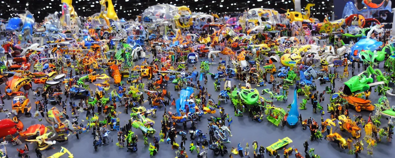 Prompt: thousands of small unbelievable futuristic toys on biggest exhibition on the planet, photorealistic, incredible small details, tons of toys mechanisms-H 576