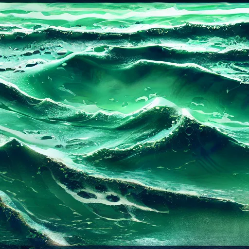 Image similar to A Huge Tidal Wave of clear green resin and foam, Kanagawa, photorealistic 8K HD octane render