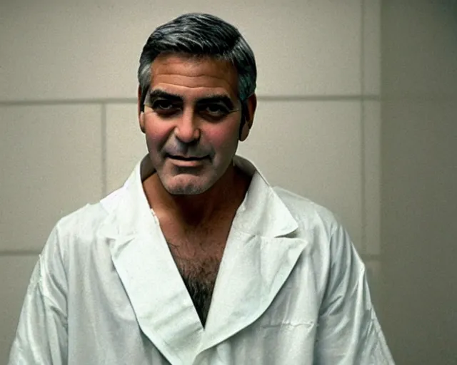 Prompt: color photo of george clooney in a white straight jacket, very happy face, sad, crying, white padded room
