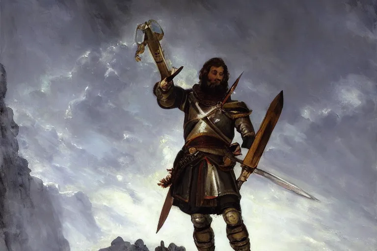 Image similar to landscape realistic painting image about a templar knight with one mechanical hand carrying a fire sword, and wielding it at the ice dragon. dramatic scene, realism, created by gustave courbet and michaelangelo, trending in artstation, fine art, smooth draw with oil painting.