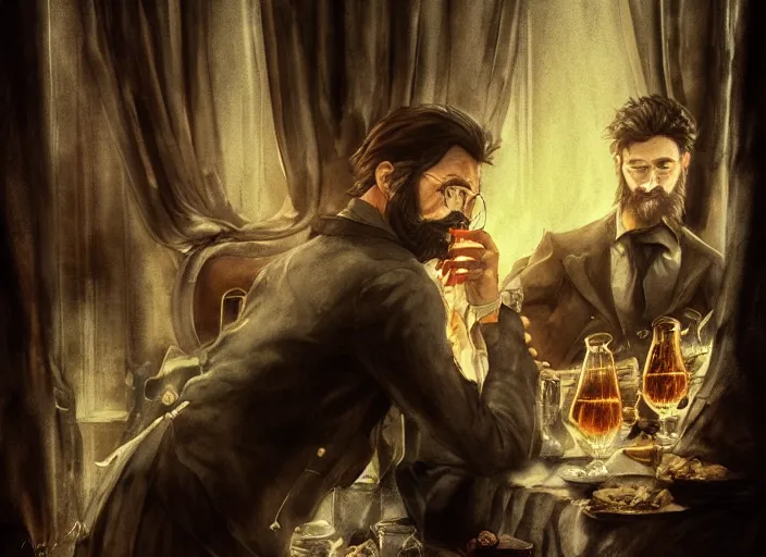 Prompt: A handsome Frenchman with beard and long black hair toasting with the devil drinking whiskey, watercolor, dramatic lighting, cinematic, establishing shot, extremely high detail, foto realistic, cinematic lighting, digital art, vector, by Yoshitaka Amano, Ruan Jia, Kentaro Miura, Artgerm, post processed, concept art, artstation, matte painting, style by eddie mendoza, raphael lacoste, alex ross