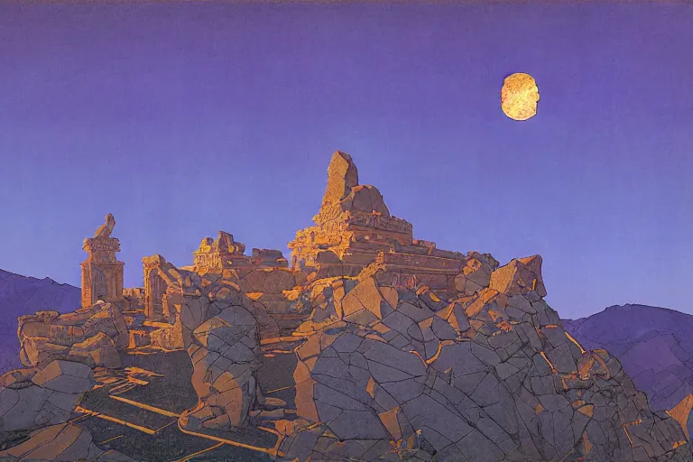 Prompt: ancient temple on a mountaintop by moonlight | by Paul O. Zelinsky and Maxfield Parrish and Nicholas Roerich and Donato Giancola | ornate carvings| climbing vines| rich color | dramatic cinematic lighting | extremely clear and detailed