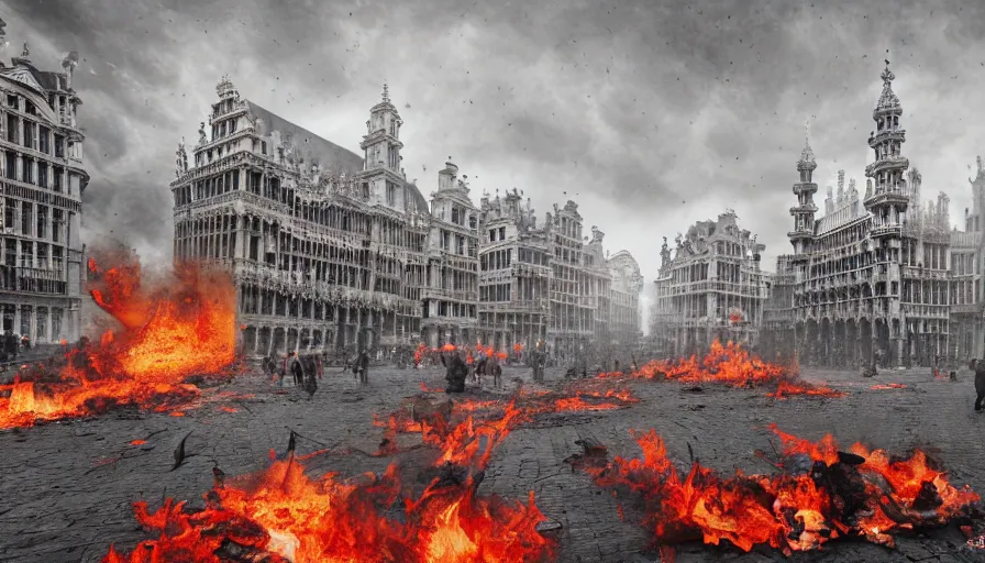 Image similar to destroyed grand place, brussels with fire and debris, grey sky, hyperdetailed, artstation, cgsociety, 8 k