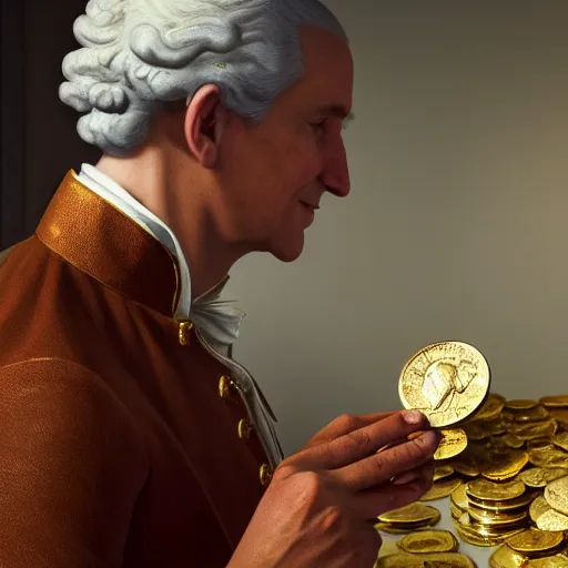 Image similar to a closeup photorealistic photograph of a happy George Washington inspecting small gold Doubloon coins at his home on Cherry Street. This 4K HD image is Trending on Artstation, featured on Behance, well-rendered, extra crisp, features intricate detail and the style of Unreal Engine.