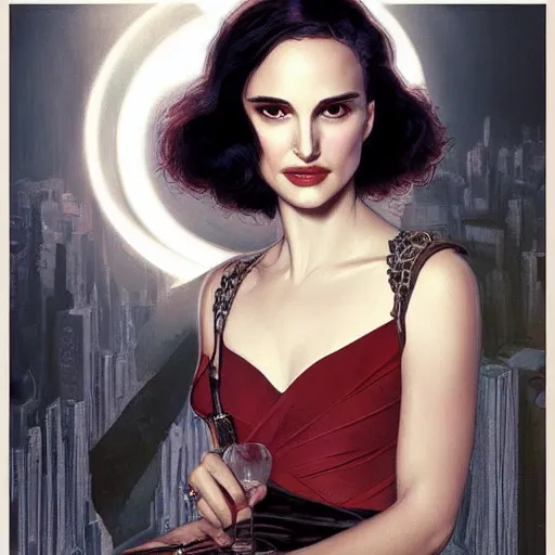 Image similar to a closeup portrait of a young natalie portman, 1 9 2 0 s, diva, femme fatale, detective thriller, gorgeous view, night, film noir, eerie, high detail, art by artgerm and greg rutkowski and alphonse mucha, digital art, trending on artstation