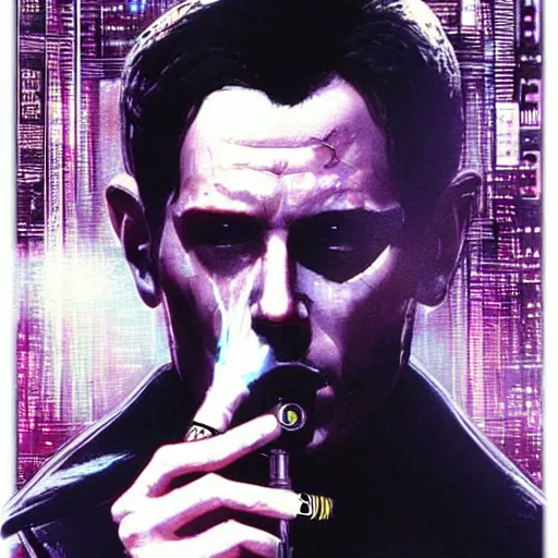 Image similar to Case from the novel Neuromancer, addicted, smoking a cigarette, portrait shot, wires, cyberpunk, movie illustration, poster art by Drew Struzan