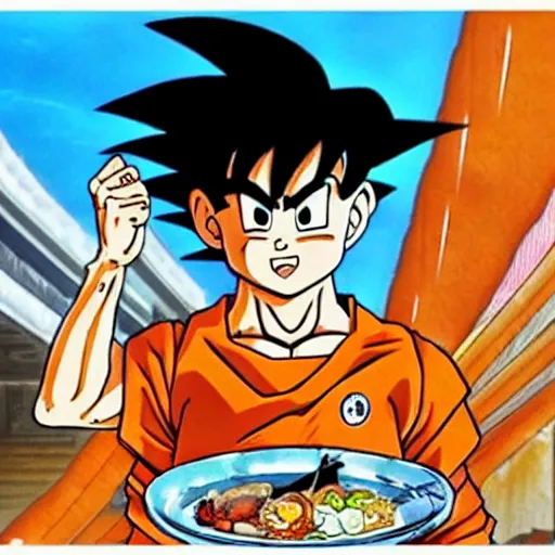 Image similar to Son Goku, dining at a fancy seafood restaurant, Akira Toriyama art, lovely background