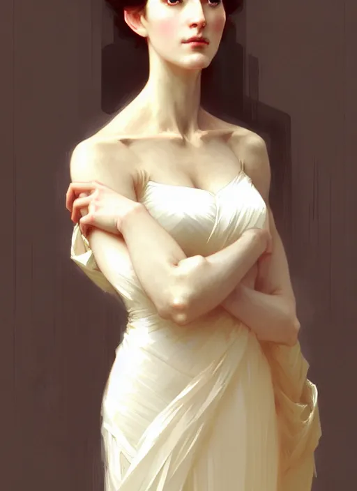 Image similar to character concept portrait of a stoic and proud woman in an elegant gown, pale face, intricate, elegant, digital painting, concept art, smooth, sharp focus, illustration, from Metal Gear, by Ruan Jia and Mandy Jurgens and William-Adolphe Bouguereau, Artgerm