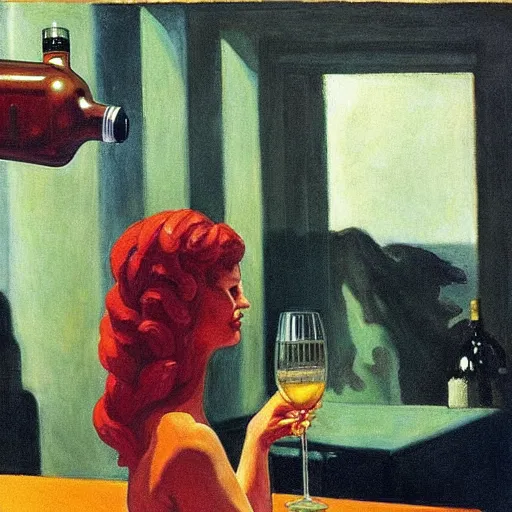 Prompt: Medusa the Gorgon drinking a glass of whisky (1967) is the most famous oil painting by Edward Hopper