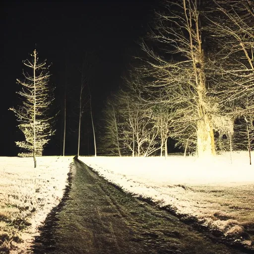 Image similar to A dark path through the field, winter, nighttime. A forest is visible in the distance. Amateur photograph