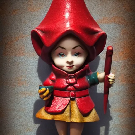 Prompt: 80mm resin model figure female gnome wearing long red coat and holding open spellbook, highly textured, fantasy, D&D, HDR, , natural light, medium close shot, tilt shift, dynamic pose, award winning photograph!, Mucha style