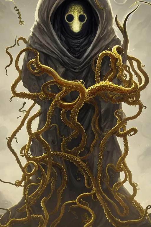 Image similar to A full body portrait of a mysterious character with no face with a very long hooded yellow cloak, a golden crown floating above his head tentacles coming out the ground art by John J. Park, and Shaddy Safadi, ominous, cosmic horror, trending on artstation, Ultra detailed, hyper realistic 4k