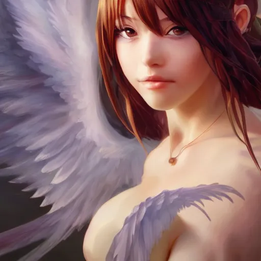 Image similar to an oil painting of a beautiful anime girl with angel wings, by artgerm, wlop and greg rutkowski, hd, hdr, ue 5, ue 6, unreal engine 5, cinematic 4 k wallpaper, 8 k, ultra detailed, high resolution, artstation, award winning