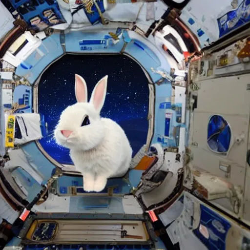 Prompt: a bunny inside the international space station ( iss )