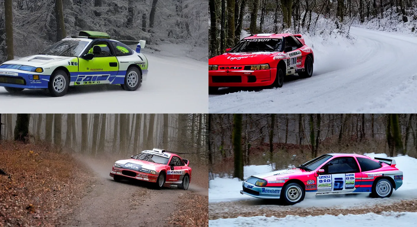 Prompt: a 1 9 9 7 mitsubishi gto, racing through a rally stage in a snowy forest