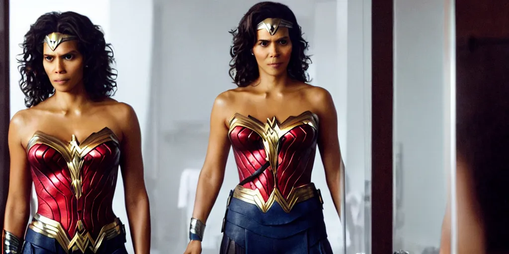 Image similar to ultra wide angle photo of halle berry dressed in a white blouse and black dress pants as diana prince looking at herself in a bathroom mirror and seeing her reflection as wonder woman