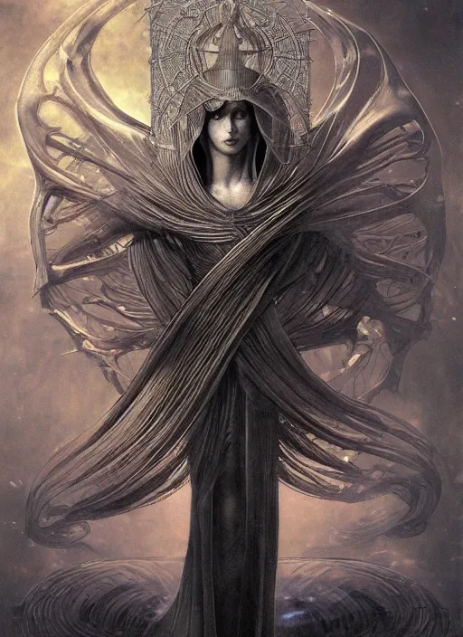 Image similar to album art divine holy robe spell effect, physically accurate, moody dynamic lighting, very very intricate, very very elegant, highly detailed, digital painting, artstation, HR GIGER, Hieronymus Bosch, Francis Bacon, concept art, smooth, very beautiful, sharp focus, illustration, art by artgerm and greg rutkowski and alphonse mucha