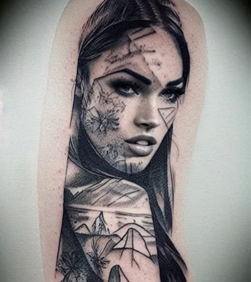 Image similar to double exposure effect tattoo design sketch of megan fox with beautiful mountain scenery, realism tattoo, in the style of matteo pasqualin, amazing detail, sharp