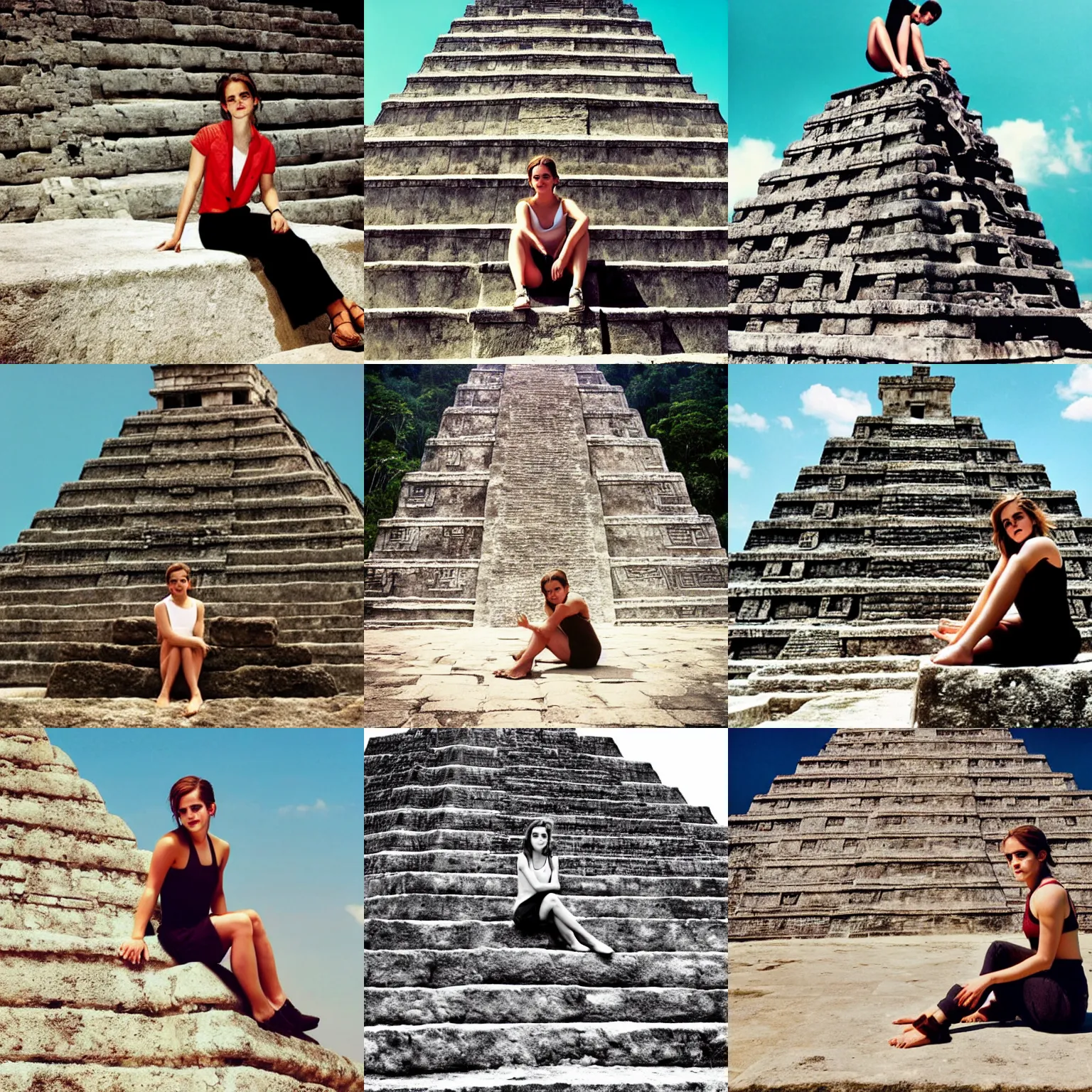 Prompt: emma watson sitting on top of a mayan pyramid with her legs crossed, a photo by victorine foot, tumblr, rasquache, photo, provia, deviantart