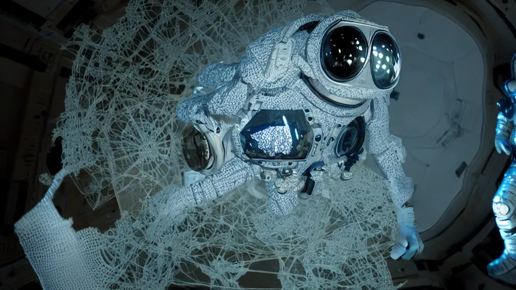 Image similar to a single astronaut eva suit interwoven with diamond 3d fractal lace iridescent bubble 3d skin and covered with insectoid compound eye camera lenses floats through the living room, film still from the movie directed by Denis Villeneuve with art direction by Salvador Dalí, wide lens,