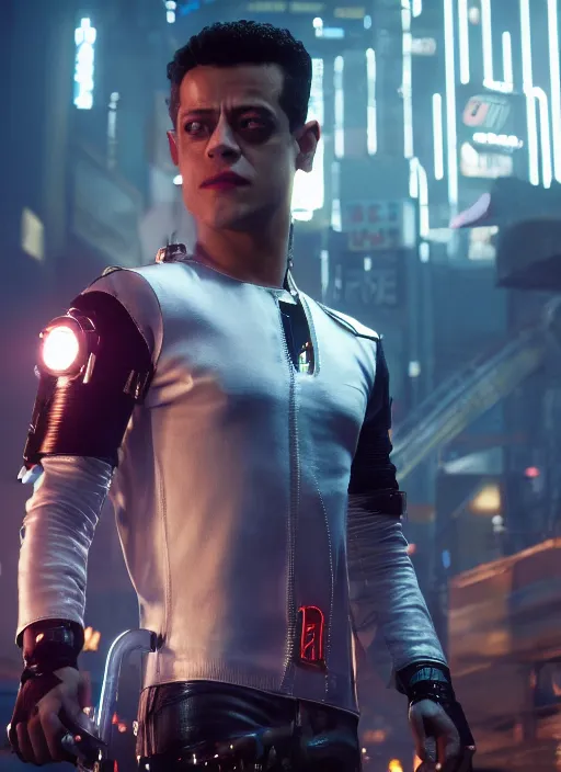 Image similar to film still of Rami Malek as Johnny Silverhand in Cyberpunk 2077, gameplay, 8k, HD