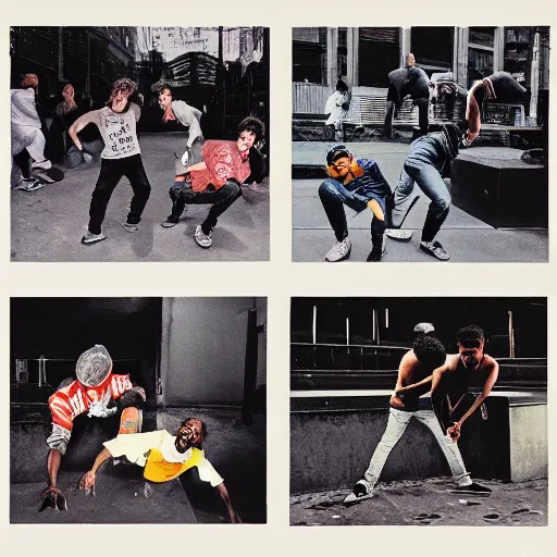 Prompt: four breakdancers battling in the bronx in 1984, by Andy Warhol, gritty, energetic, intricate, Moody lightning, trending on artstation
