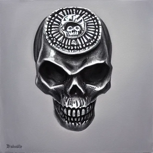 Image similar to platinum ring with a skull. cinematic. intricately detailed acrylic painting