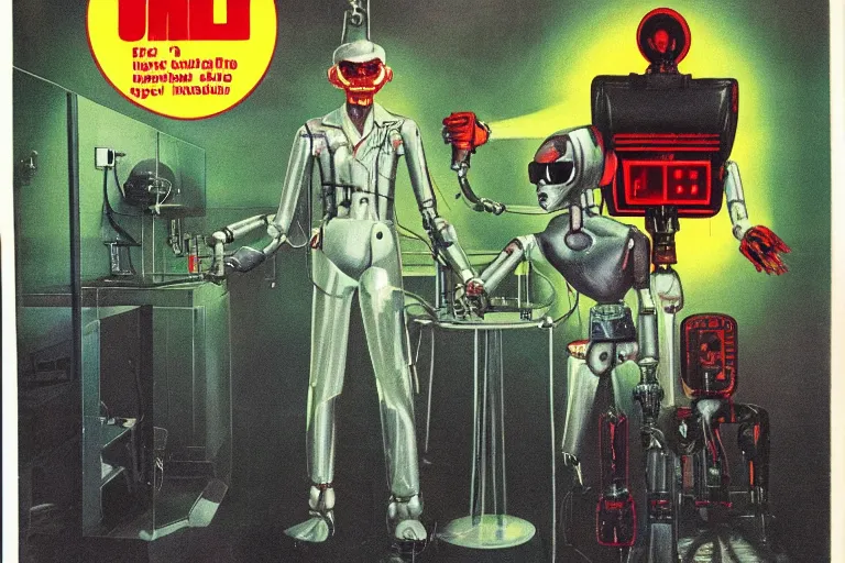 Image similar to 1979 OMNI Magazine Cover depicting Dr Jeckyll and an evil robotic Mr Hyde standing in a laboratory. Cyberpunk Akira style by Vincent Di Fate